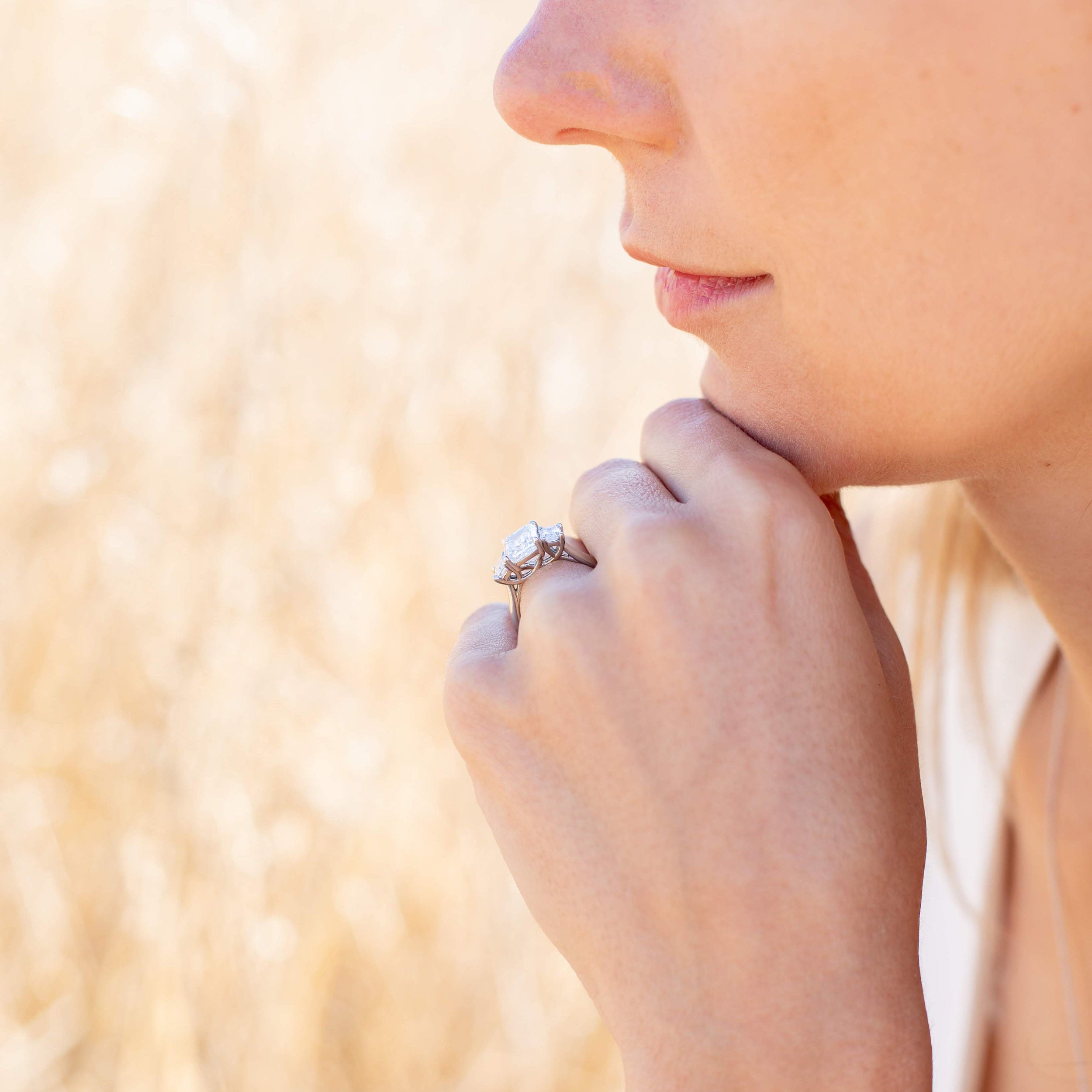  2.0CT Emerald Cut Moissanite Three Stone Diamond Engagement Ring