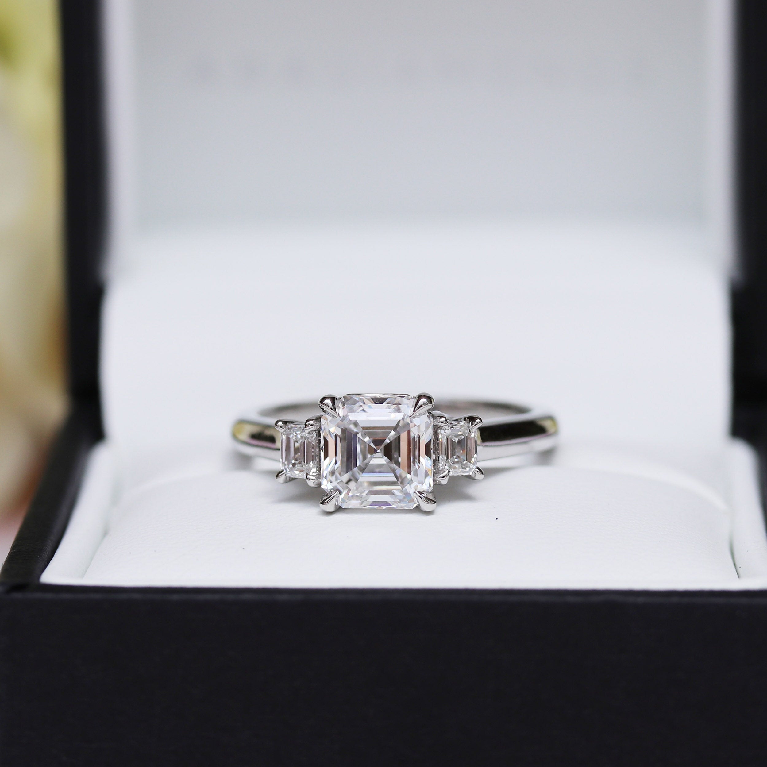 1.0CT Asscher Three Stone Moissanite Diamond Solitaire Engagement Ring