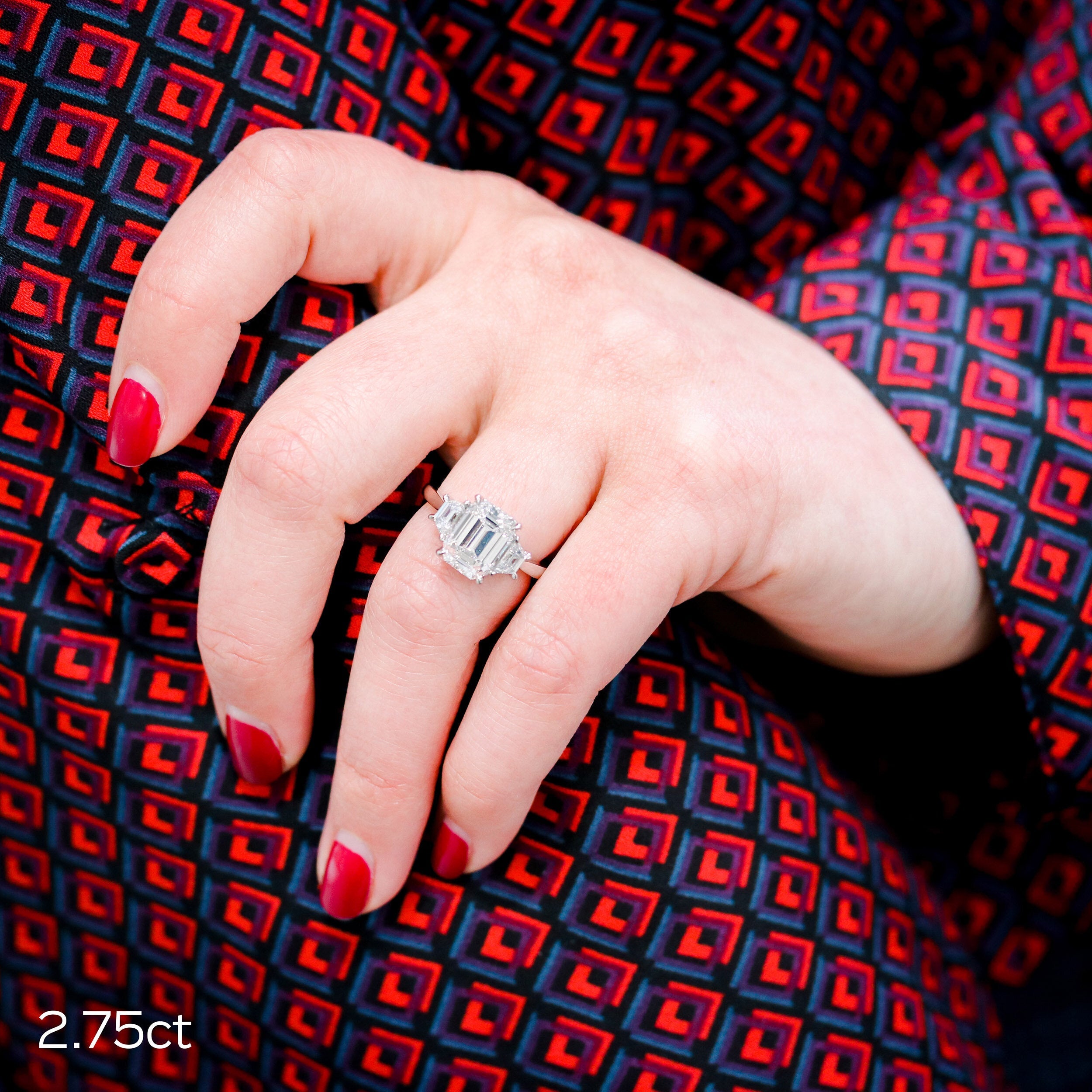 2.75CT Emerald Cut Three Stone Moissanite Diamond Cathedral Set Engagement Ring For Women