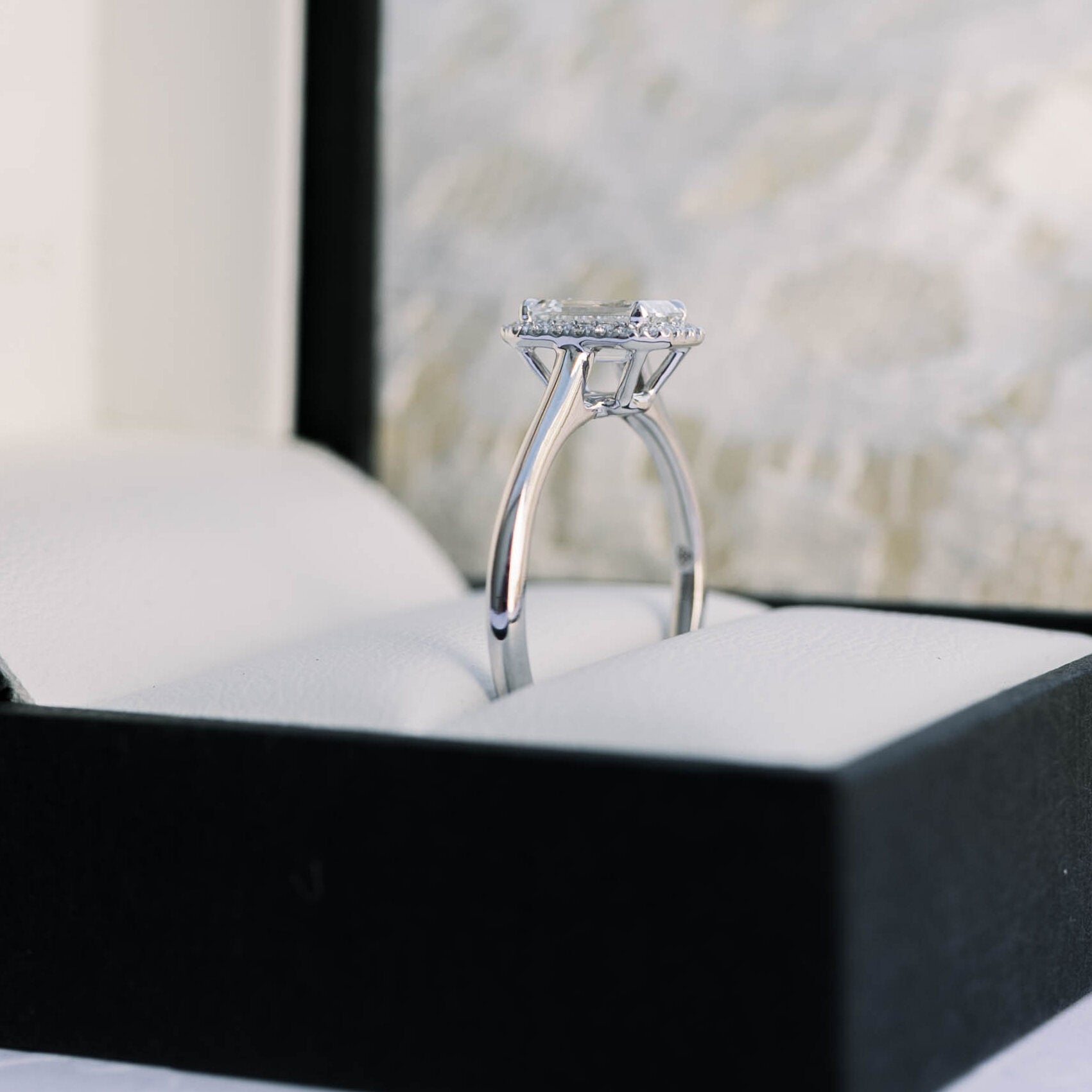 1.0CT Emerald Cut Halo Moissanite Diamond Solitaire Engagement Ring