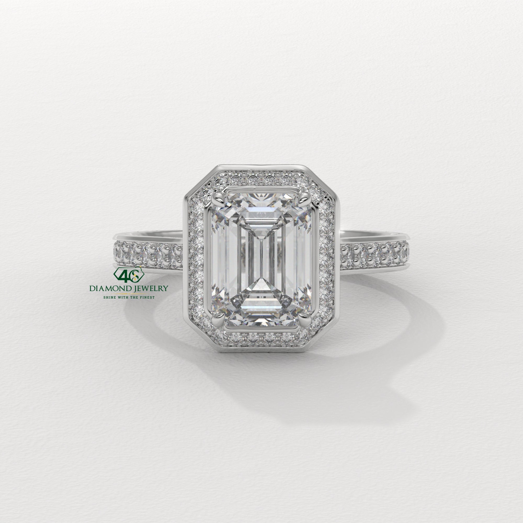 emerald three stone ring, emerald diamond ring setting, classic emerald cut ring, emerald cut twisted band,