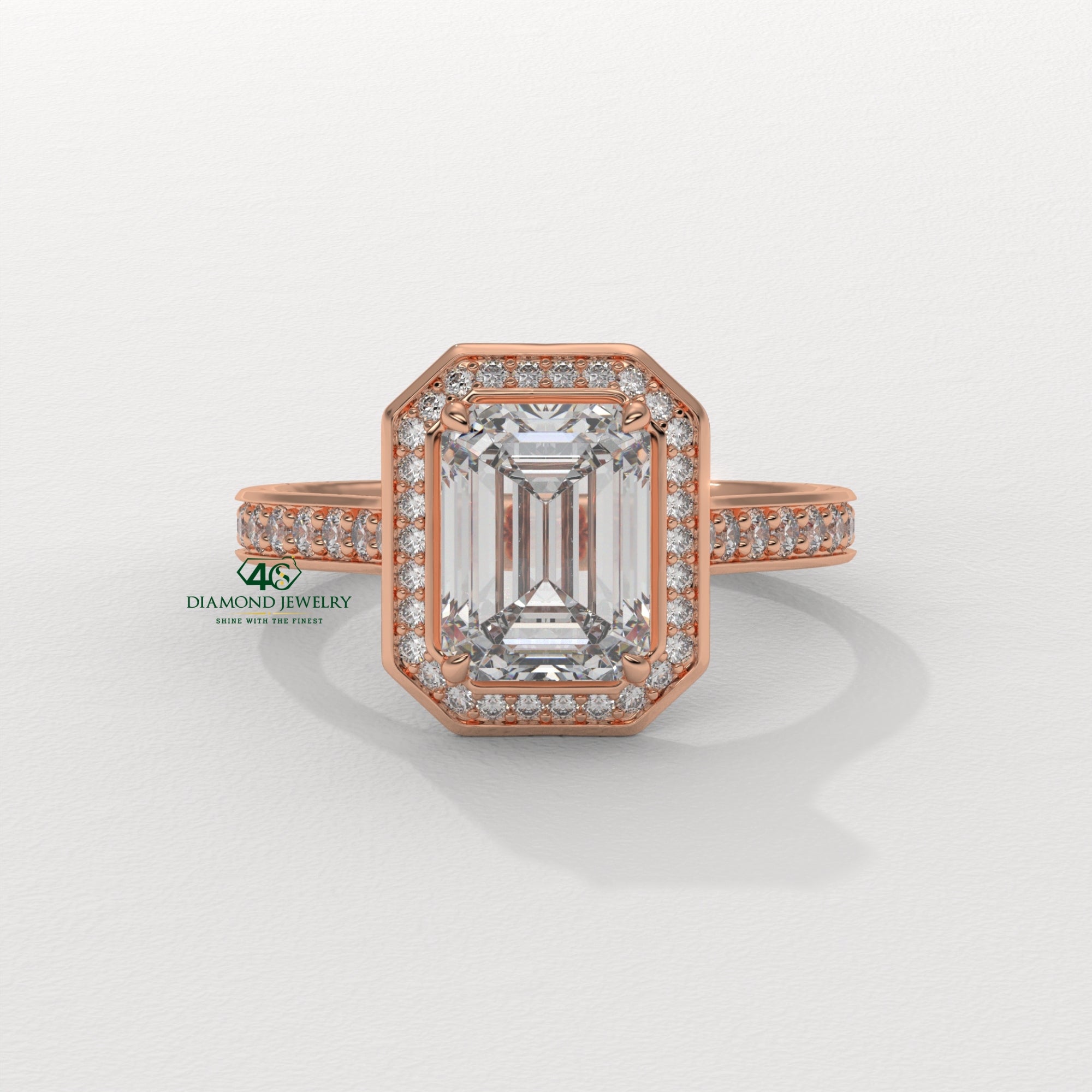  rose gold emerald engagement ring, vintage emerald cut ring, emerald cut halo diamond ring, emerald diamond solitaire ring