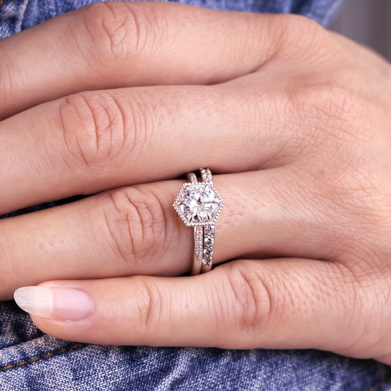 1.20CT Cathedral Set Round Moissanite Diamond Hexagonal Shaped Engagement Ring