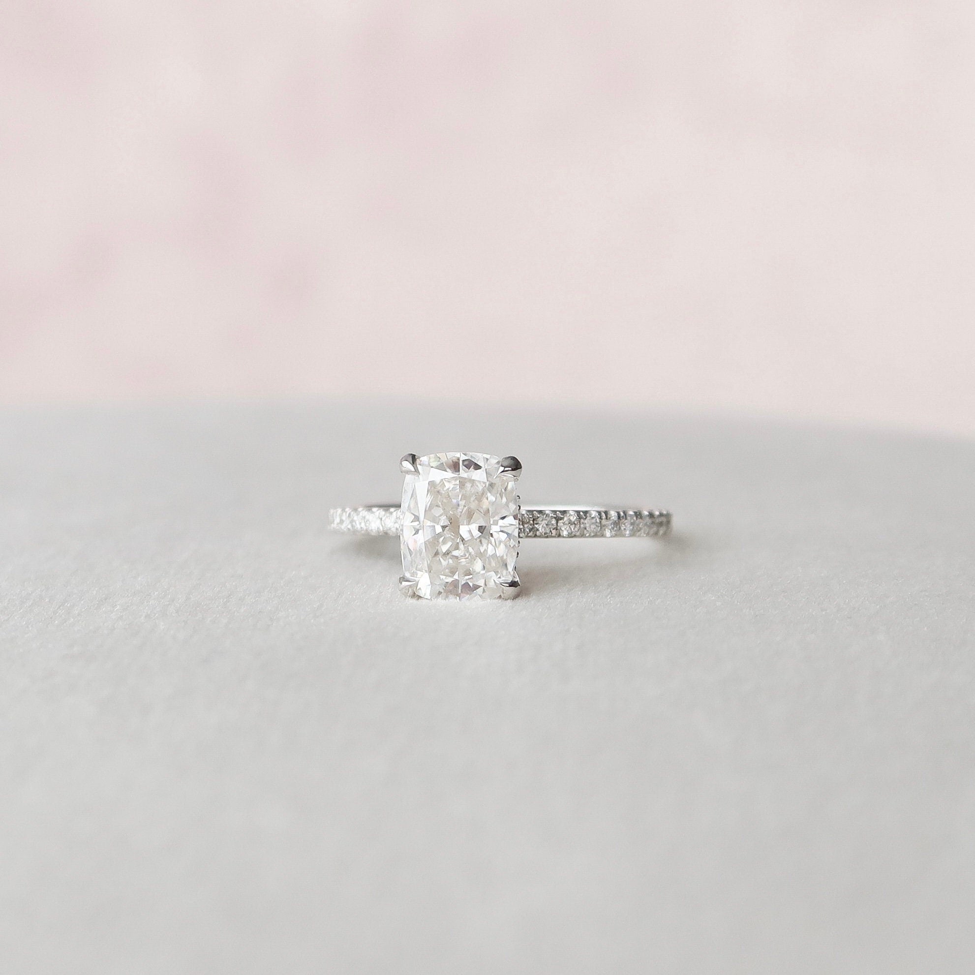 1.50CT Cushion Pave Moissanite Diamond Hidden Halo Engagement Ring In Solid Gold