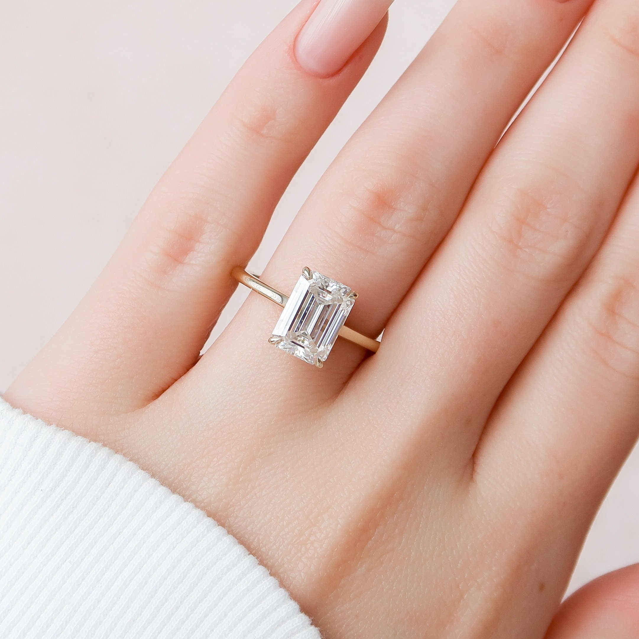 4.0CT Emerald Cut Hidden Halo Moissanite Diamond Engagement Ring