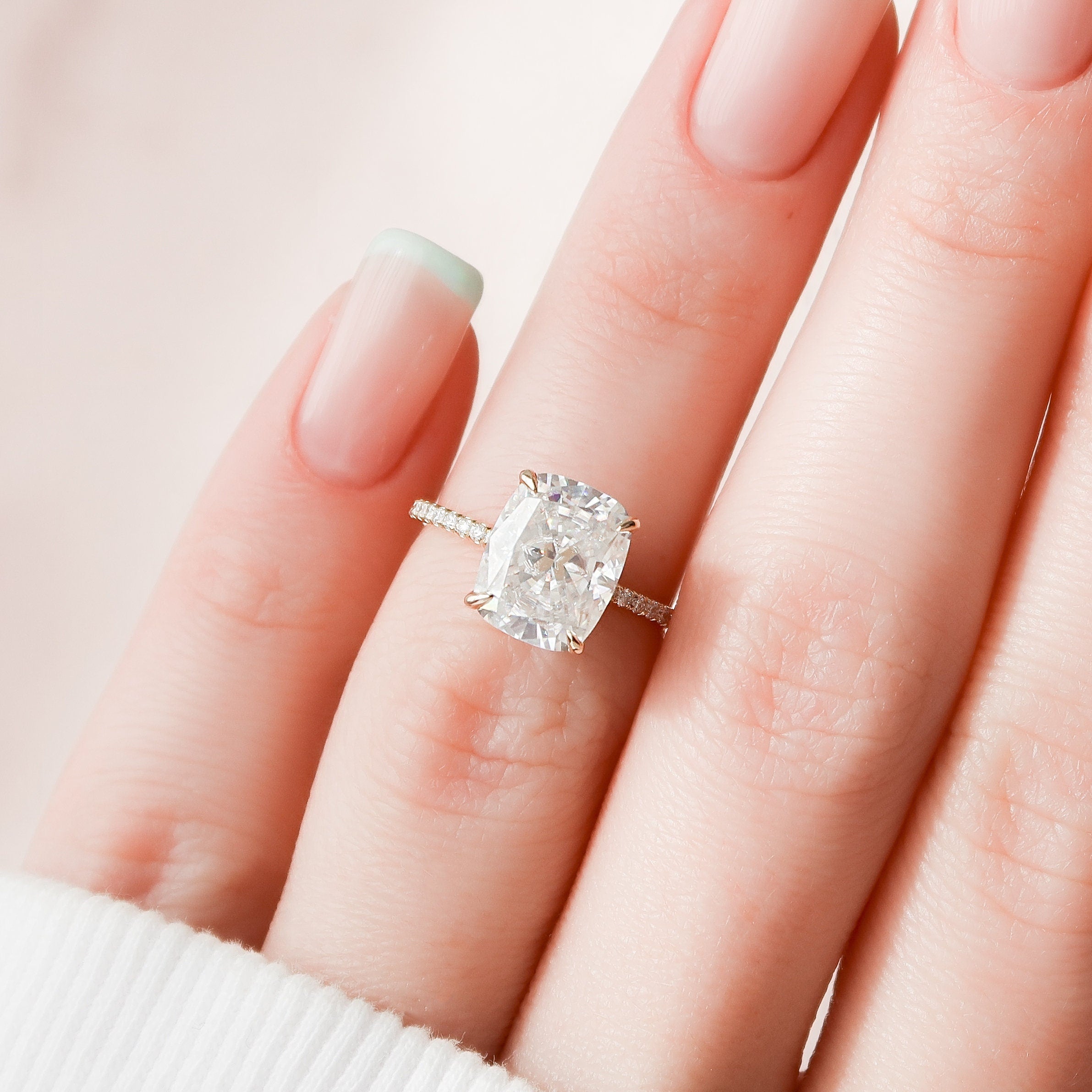 4.0CT Elongated Cushion Pave Moissanite Diamond Hidden Halo Engagement Ring
