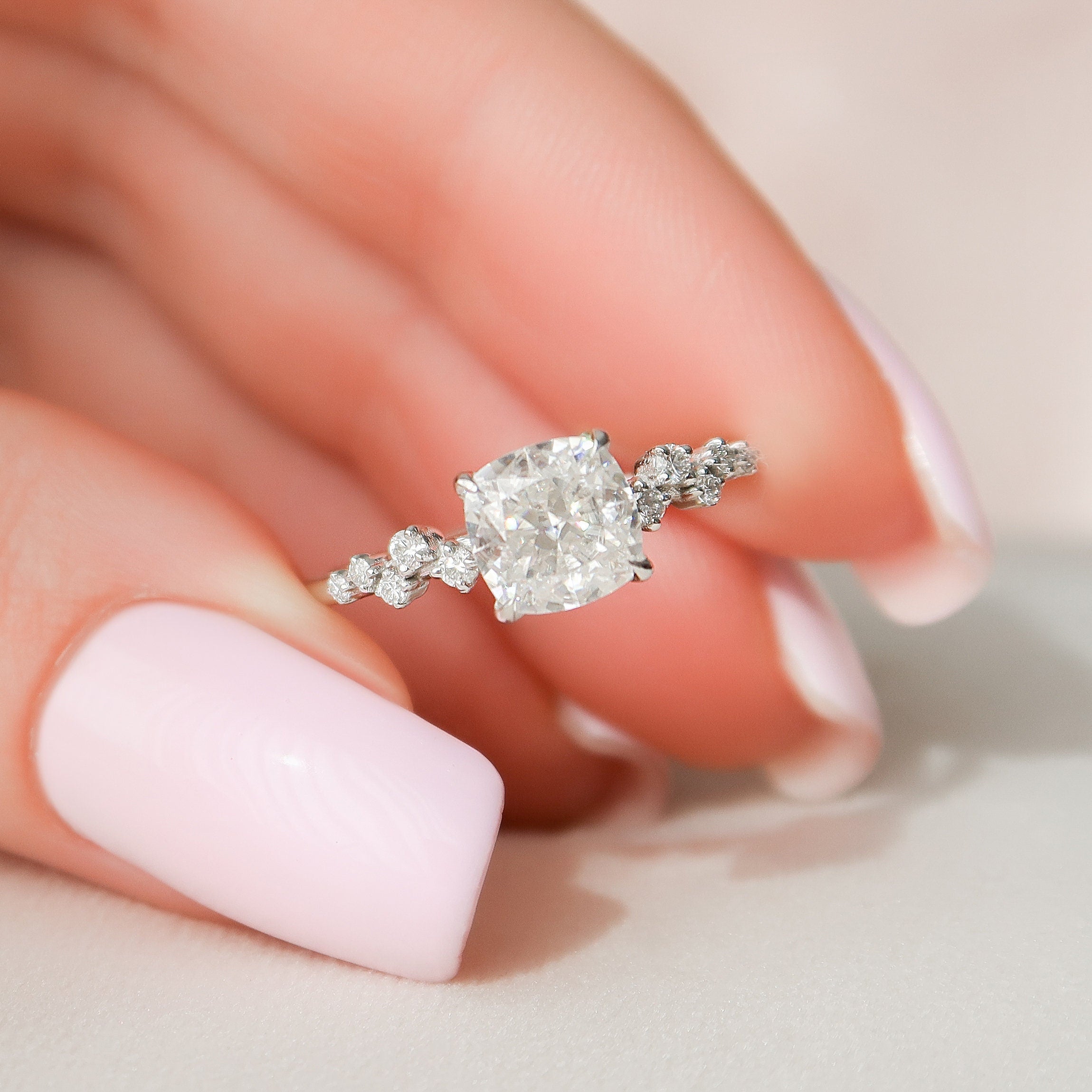 1.50CT Cushion Hidden Halo Moissanite Diamond Cluster Engagement Ring