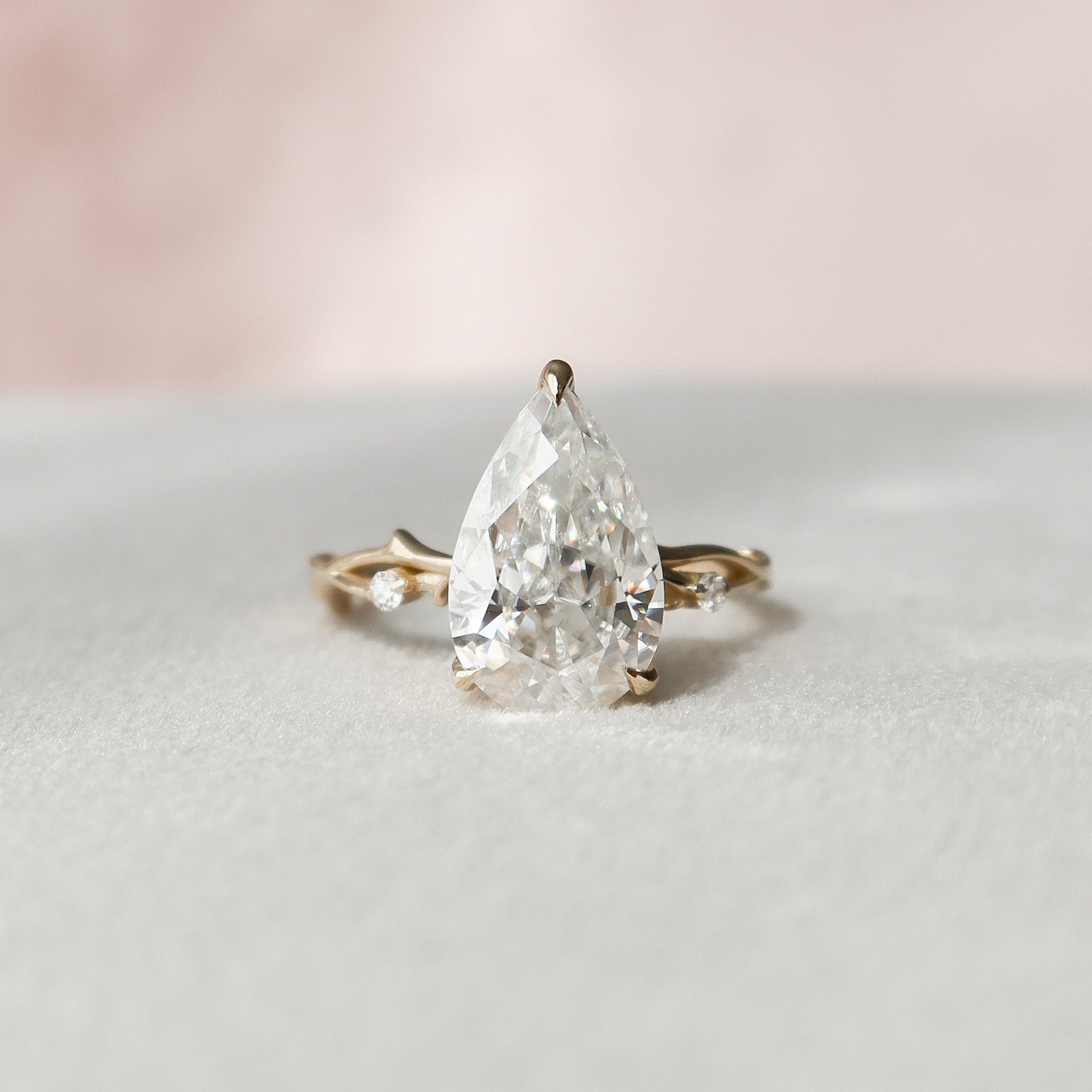 2.50CT Pear Twig Moissanite Diamond Three Prong Engagement Ring