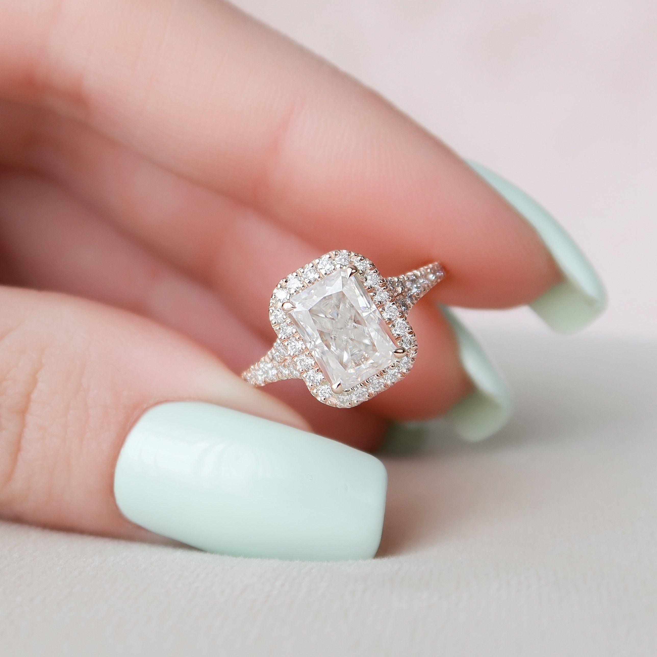 3.50CT Radiant Hidden Halo Moissanite Diamond Split Shank Engagement Ring