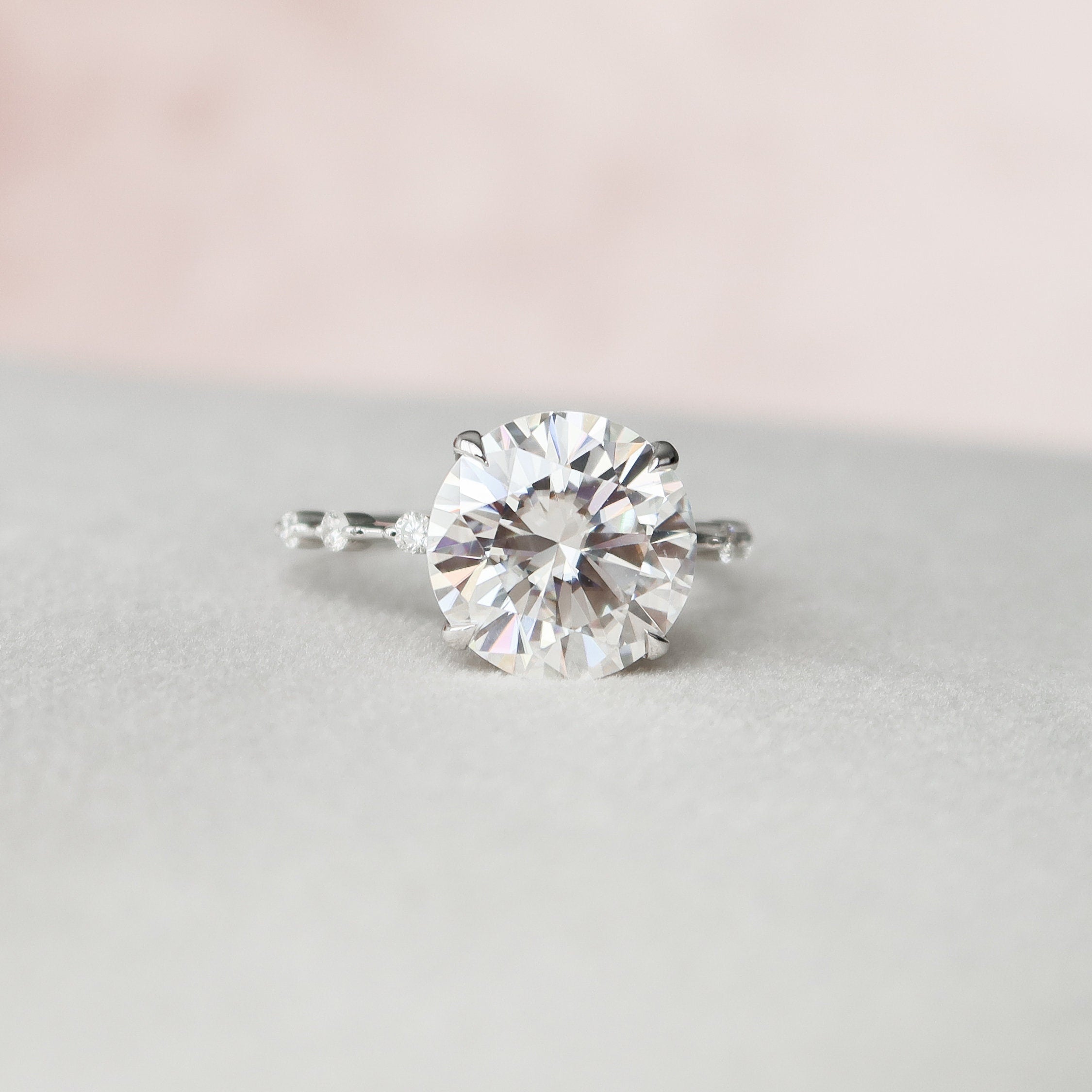 4.0CT Round Petite Pave Moissanite Diamond Four Prong Engagement Ring