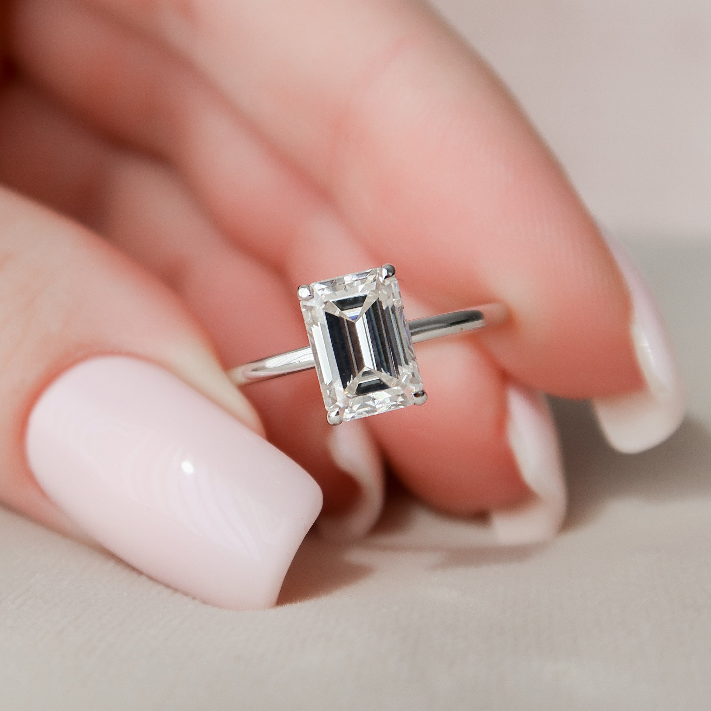 2.0CT Emerald Cut Hidden Halo Moissanite Diamond Four Prong Engagement Ring