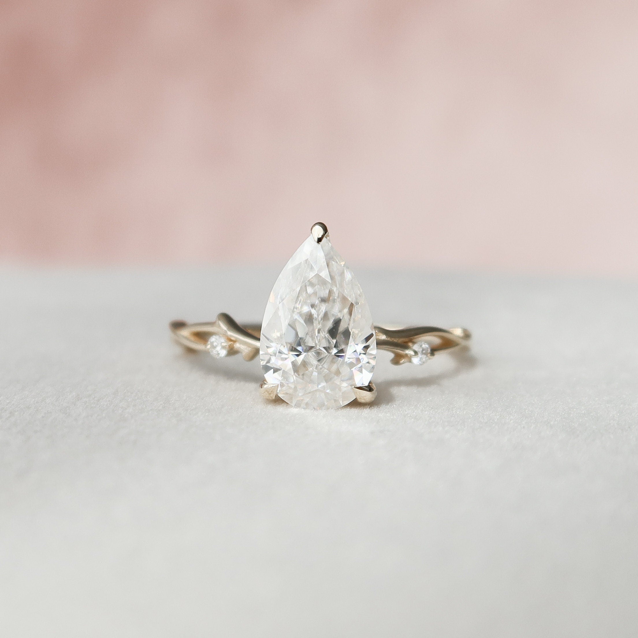 2.0CT Pear Twig Moissanite Diamond Engagement Ring In Solid Gold