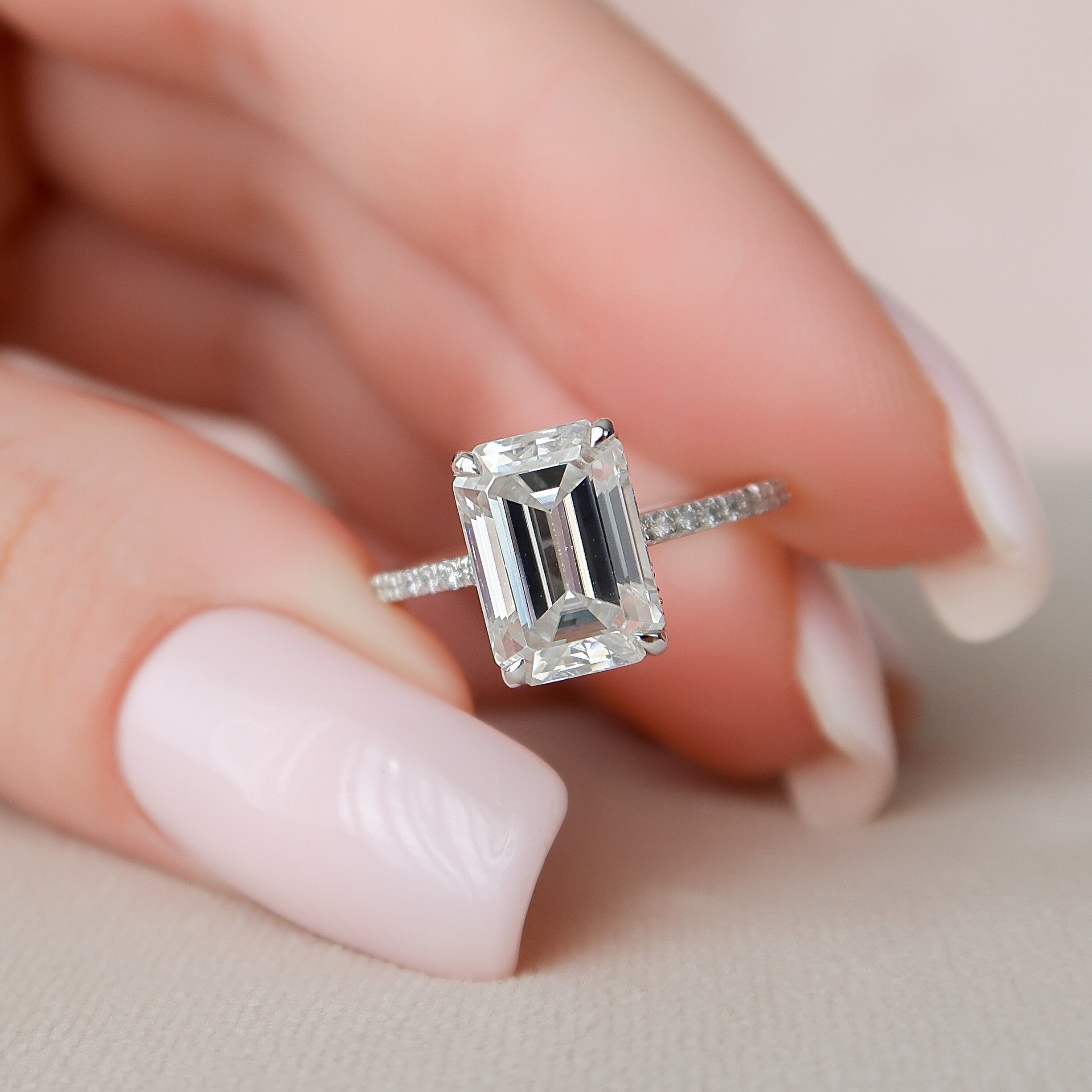 3.0CT Emerald Cut Moissanite Hidden Halo Engagement Ring