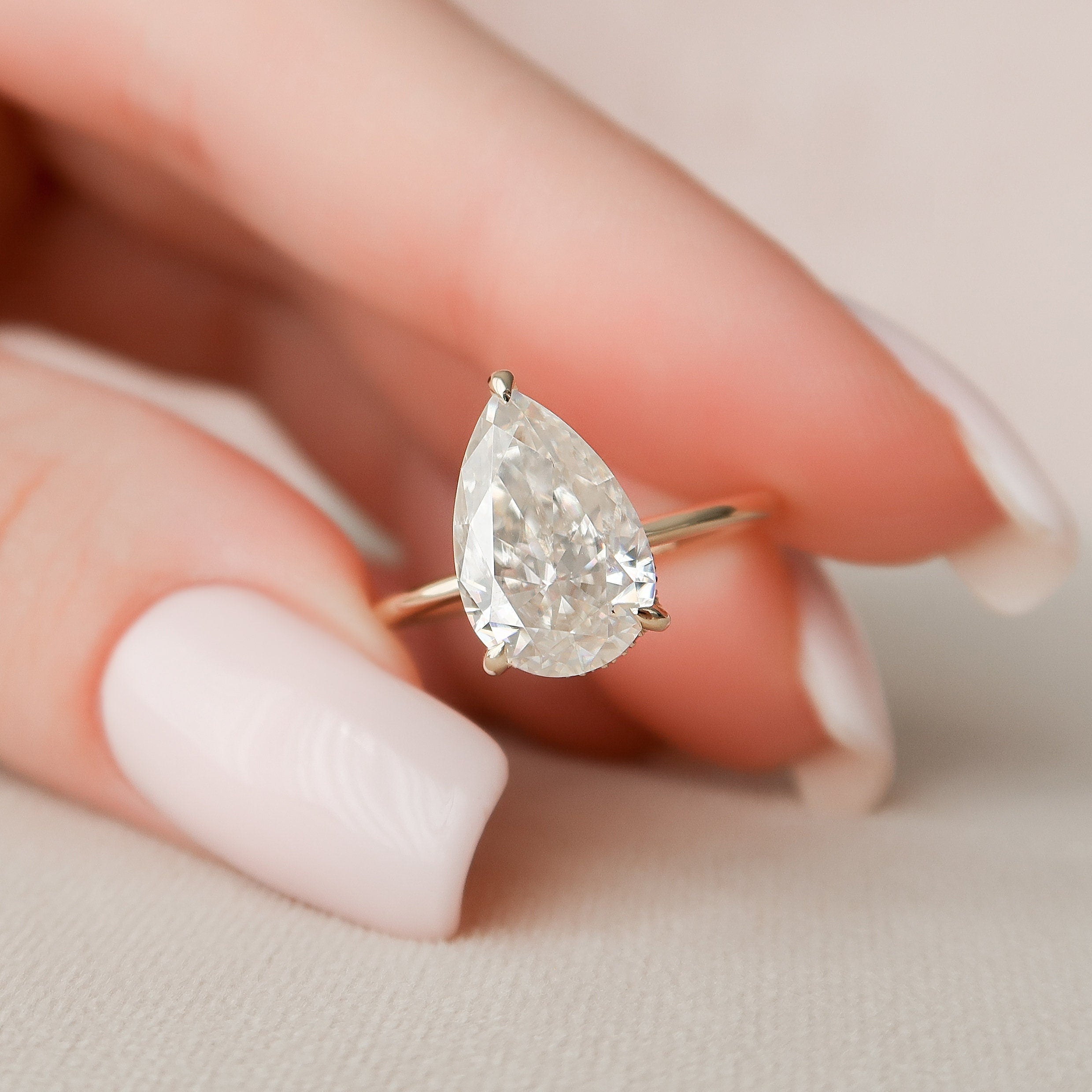 3.0CT Pear Hidden Halo Moissanite Diamond Solitaire Engagement Ring