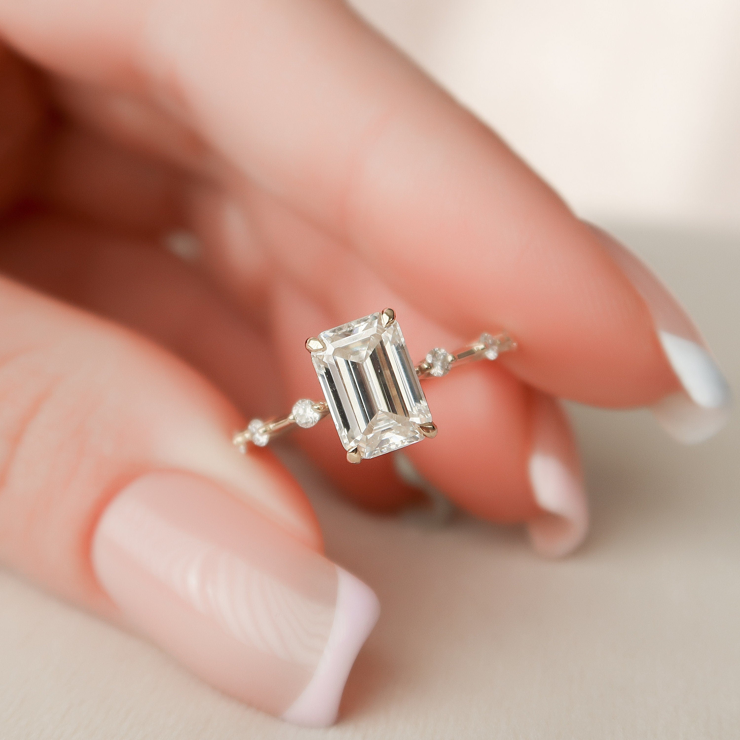 2.0CT Emerald Cut Petite Pave Moissanite Diamond Engagement Ring