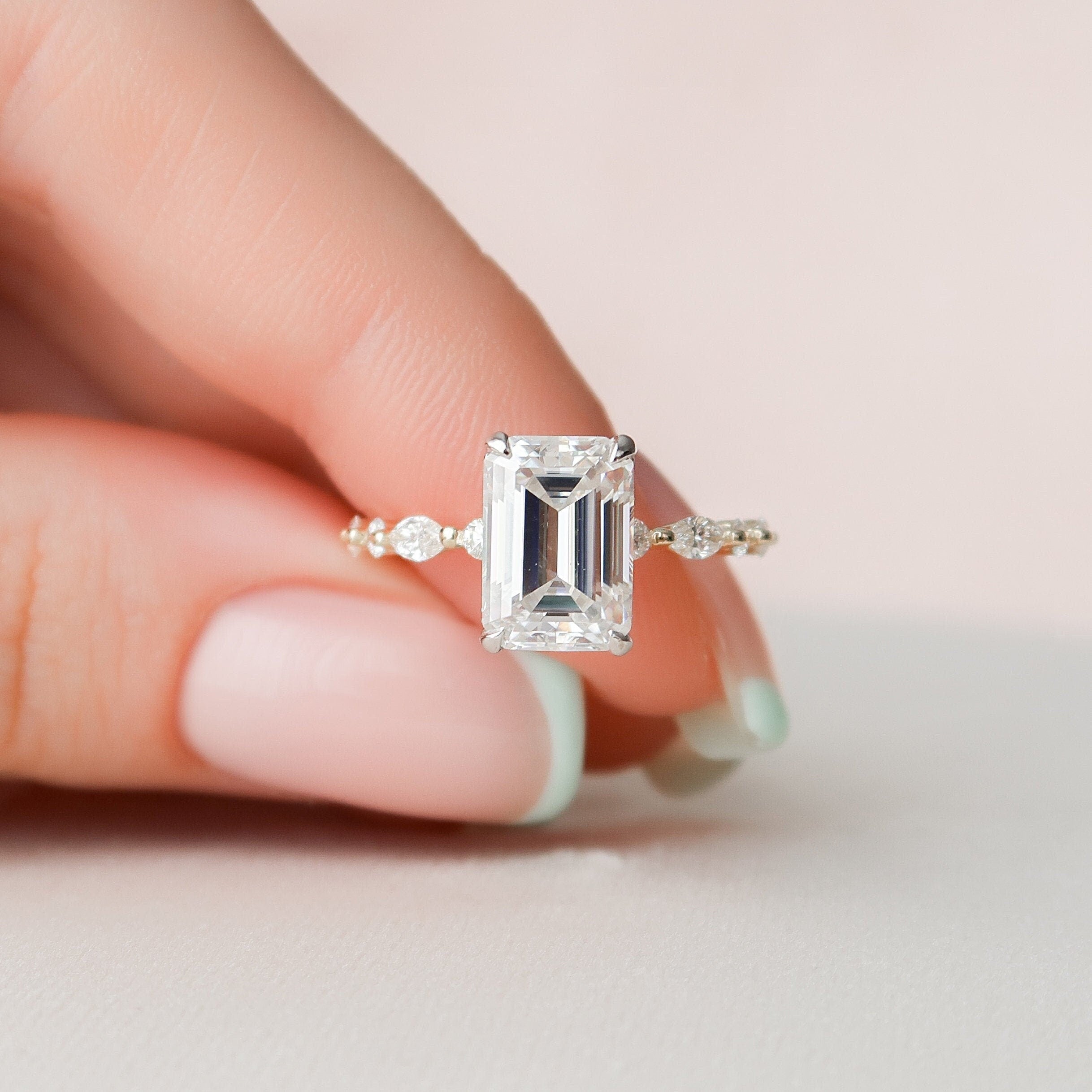 3.0CT Emerald Cut  Hidden Halo Moissanite Diamond Pave Engagement Ring