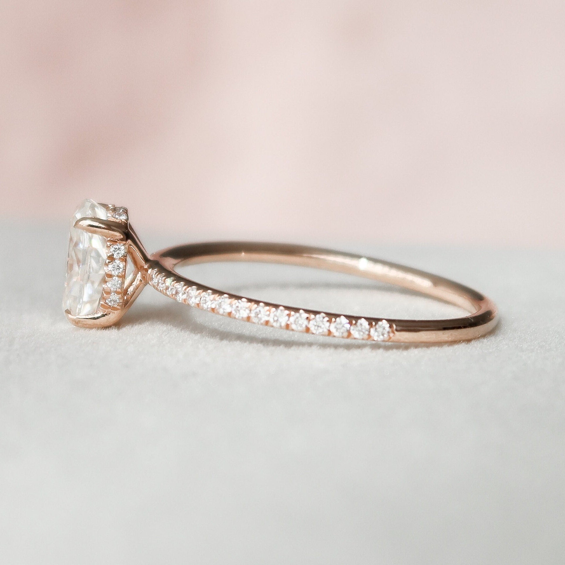1.0CT Oval Pave Moissanite Diamond Hidden Halo Engagement Ring