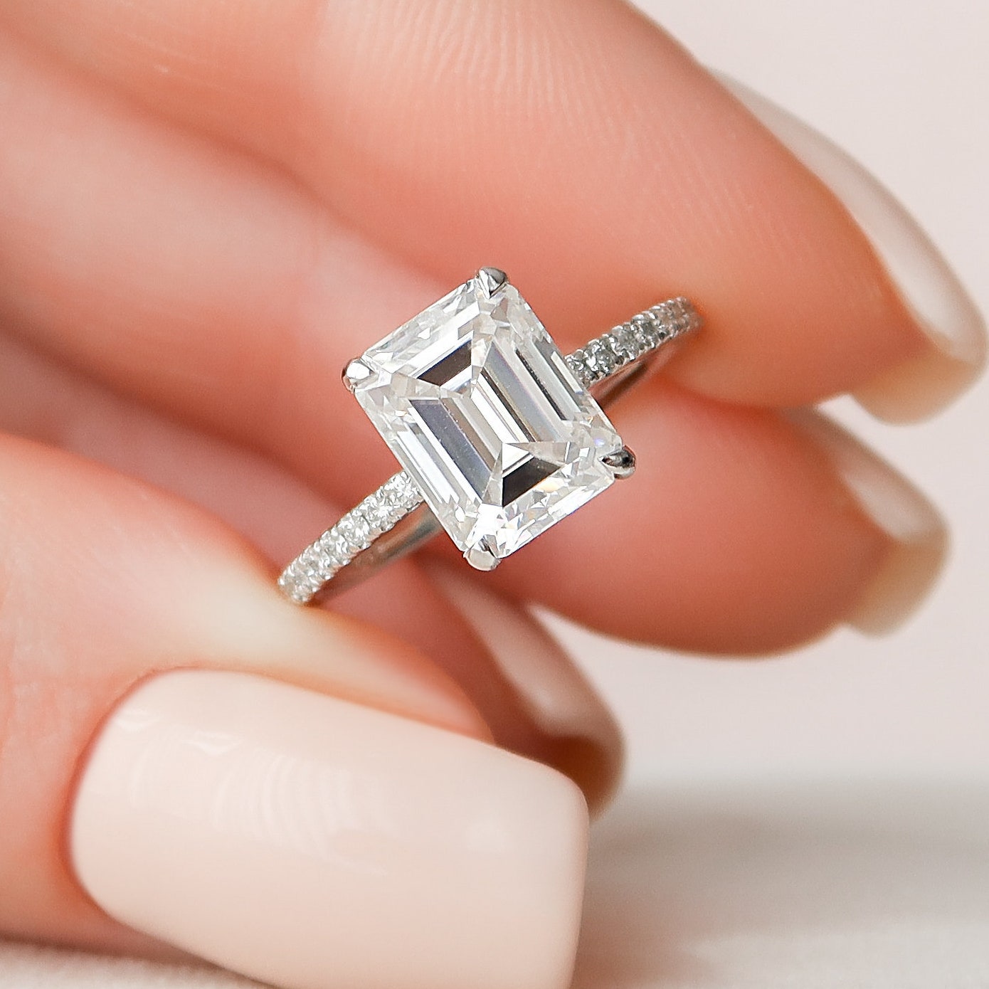 3.0CT Emerald Cut Pave Moissanite Diamond Hidden Halo Engagement Ring