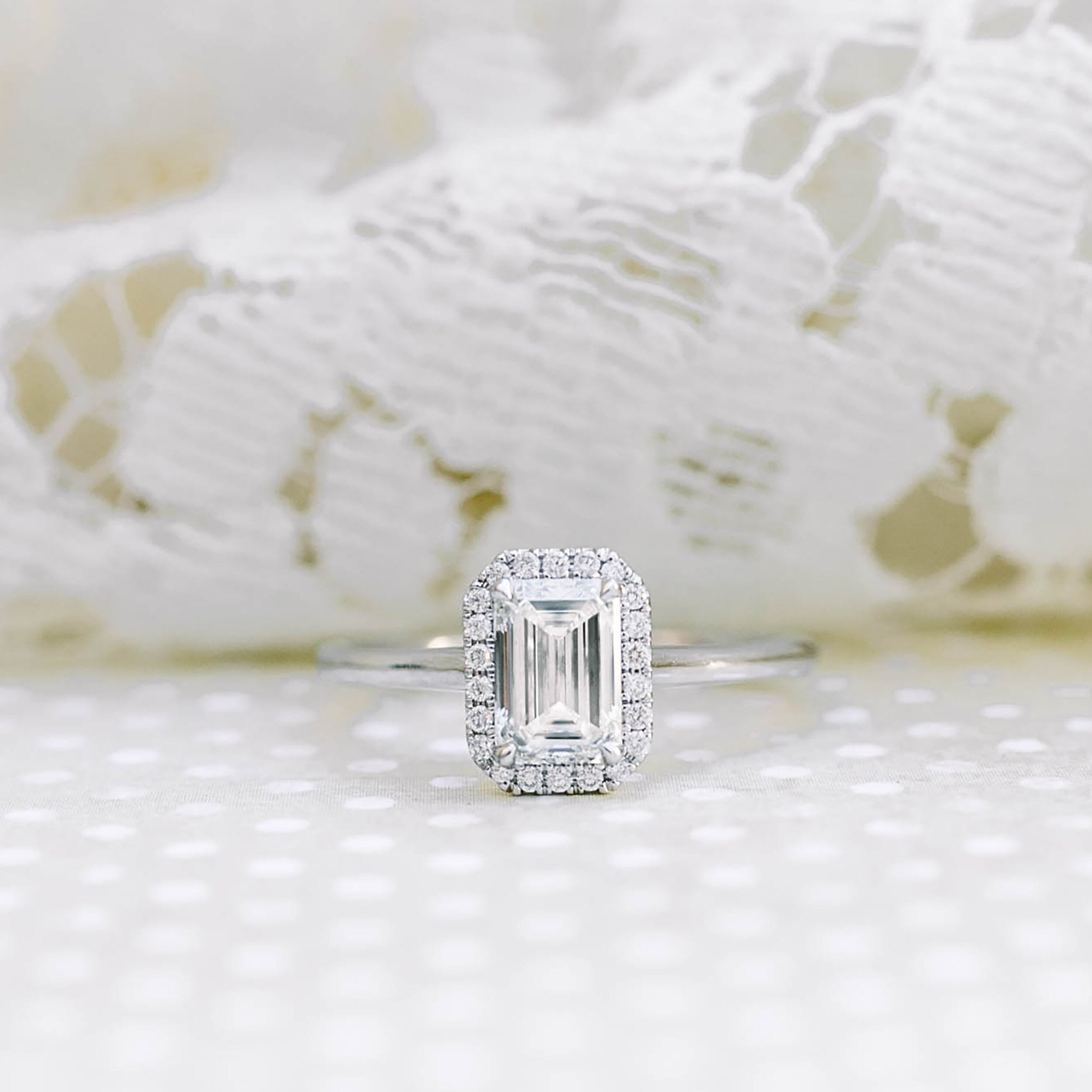 1.0CT Emerald Cut Halo Moissanite Diamond Solitaire Engagement Ring