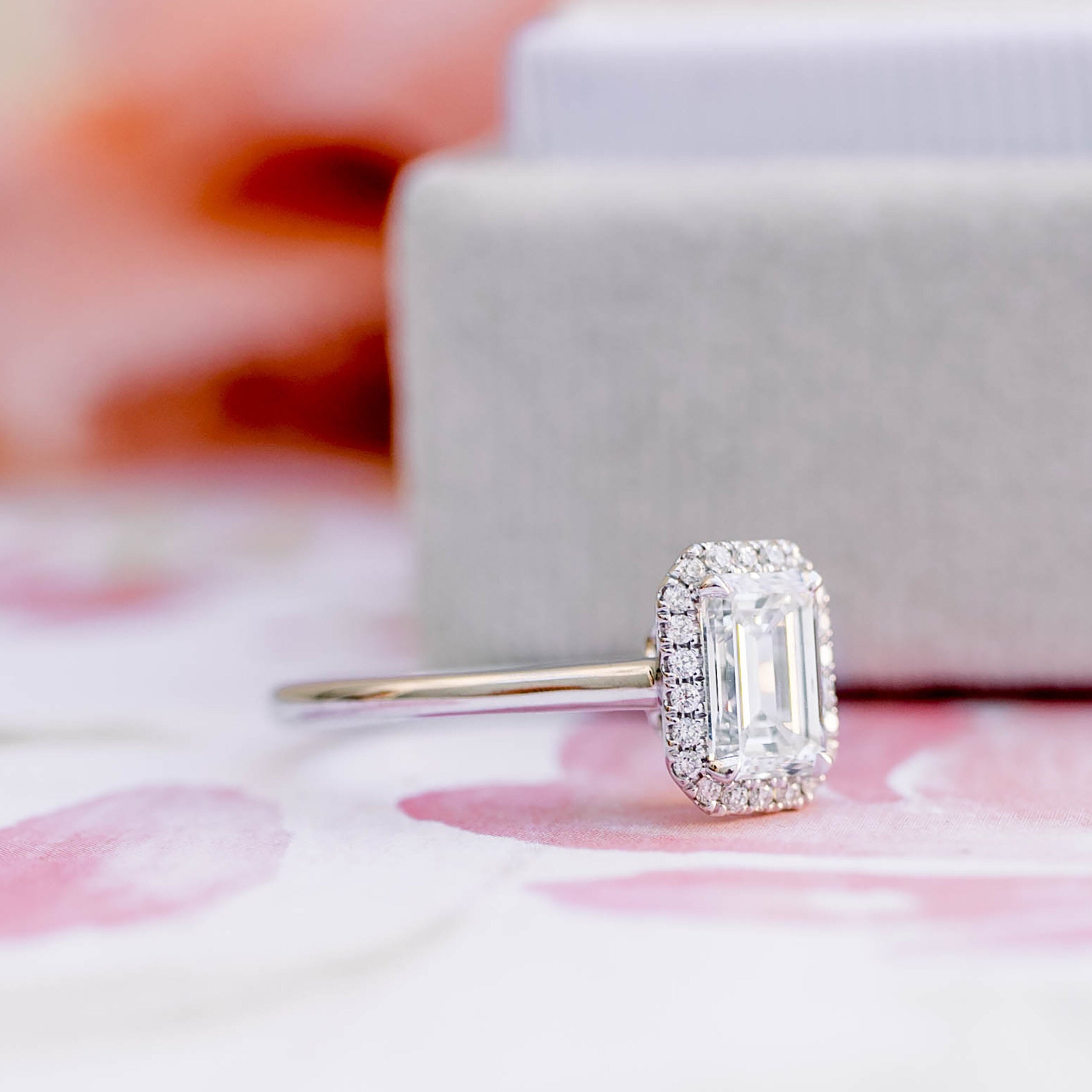 1.0CT Emerald Cut Halo Moissanite Diamond Solitaire Engagement Ring