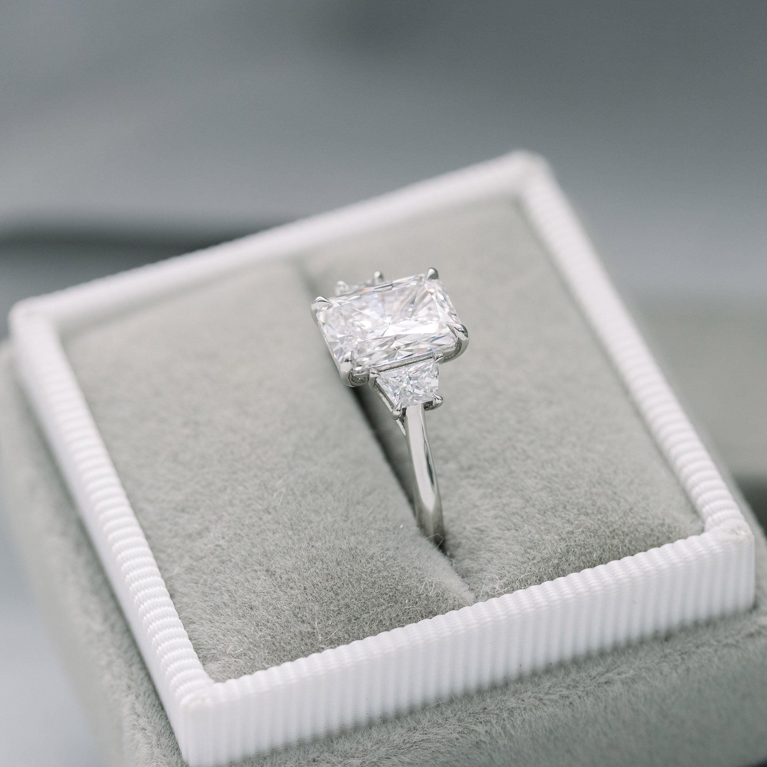 2.50CT Cathedral Set Radiant Moissanite Diamond Thre Stone Engagement Ring In 18K White Gold
