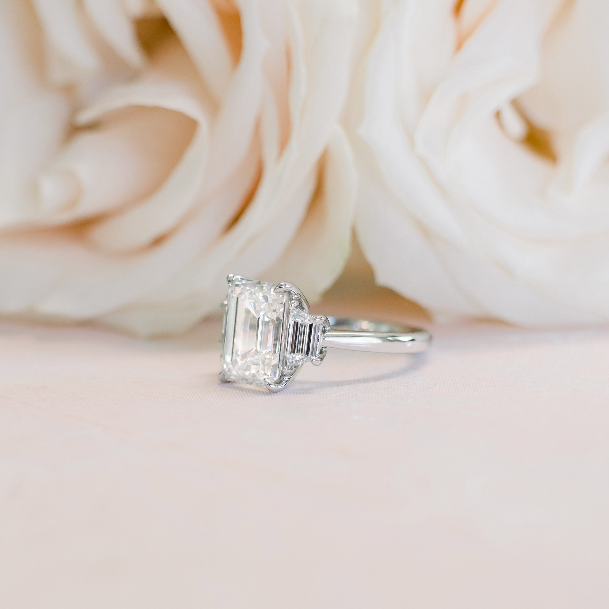 2.75CT Emerald Cut Three Stone Moissanite Diamond Cathedral Set Engagement Ring For Women