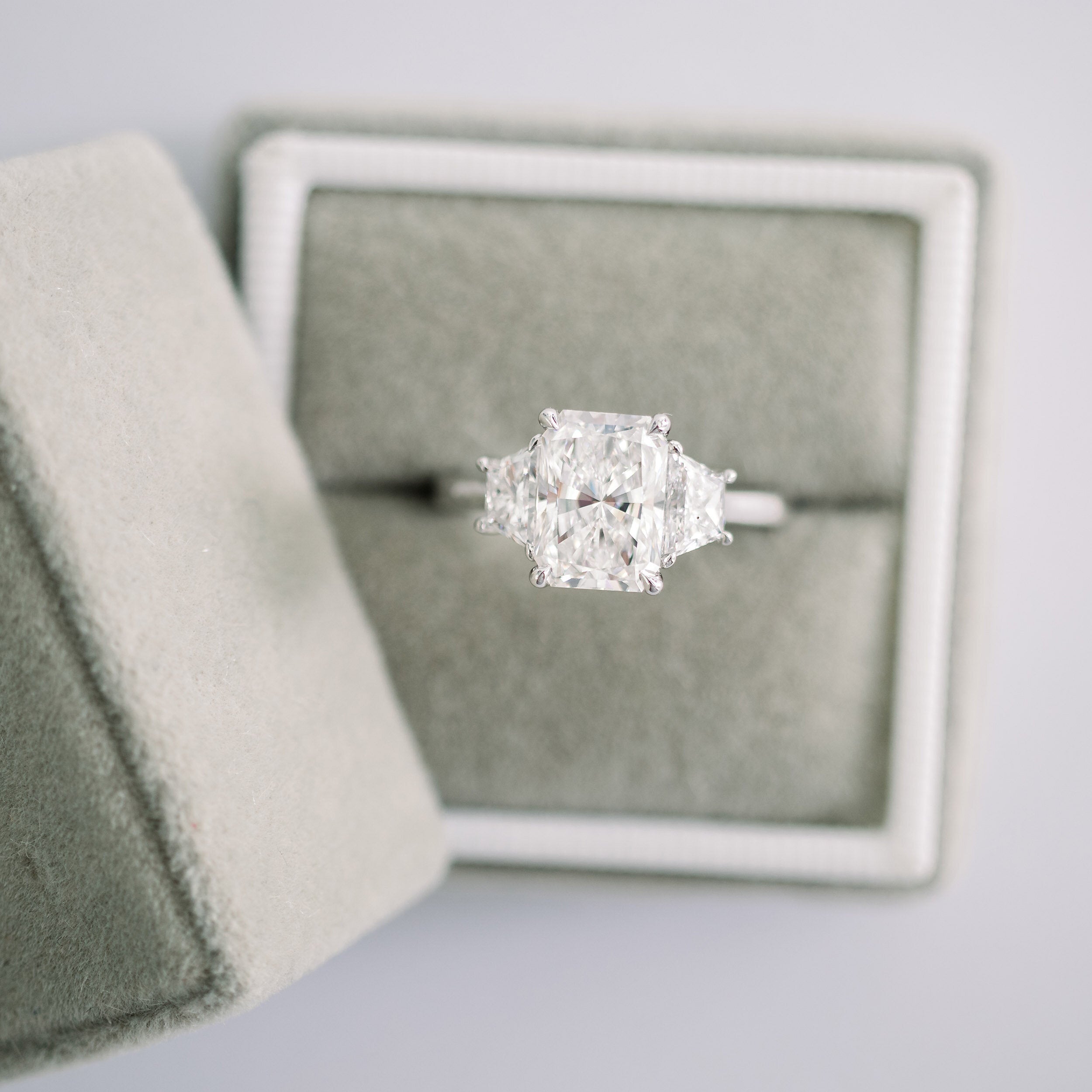 2.50CT Cathedral Set Radiant Moissanite Diamond Thre Stone Engagement Ring In 18K White Gold