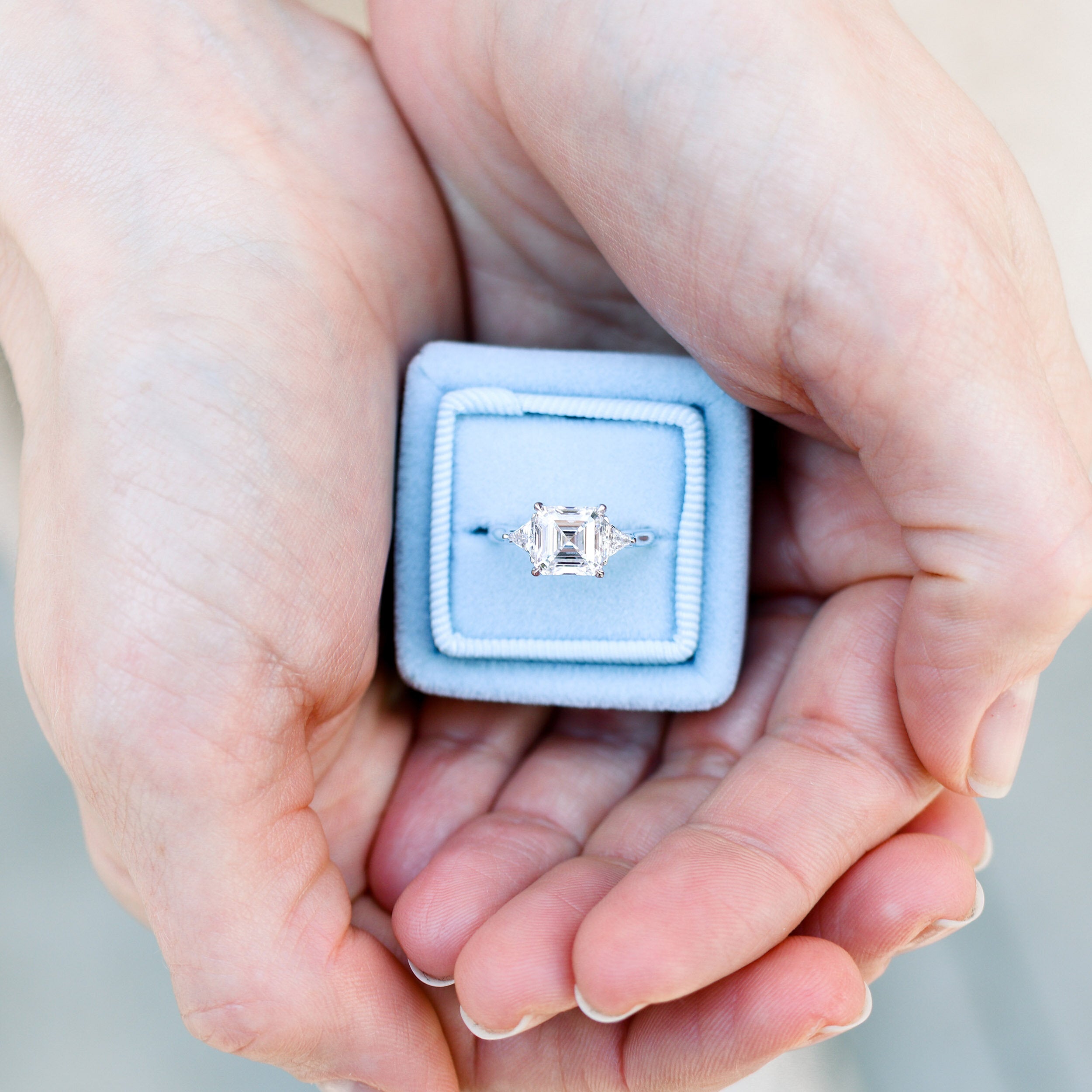 2.0CT Cathedral Set Asscher Moissanite Diamond Three Stone Engagement Ring