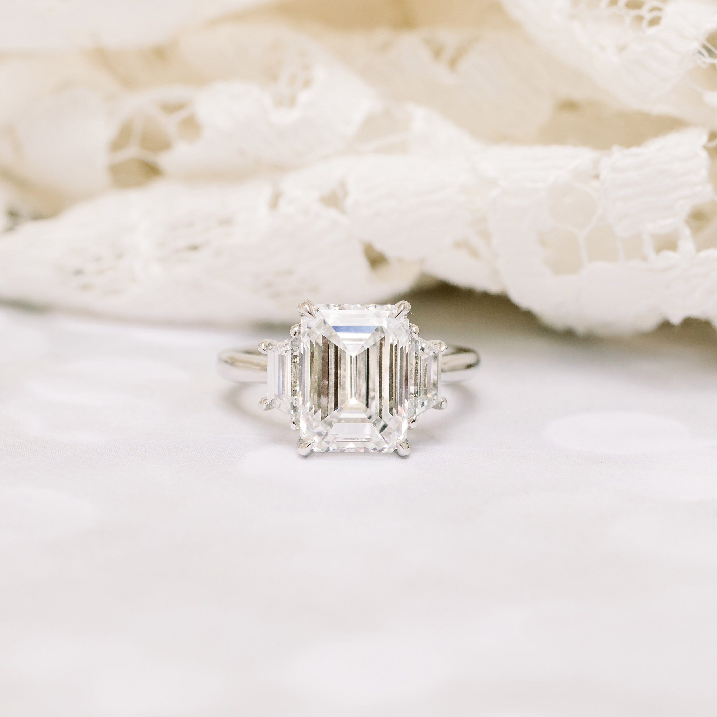 2.75CT Emerald Cut Three Stone Moissanite Diamond Cathedral Set Engagement Ring For Women