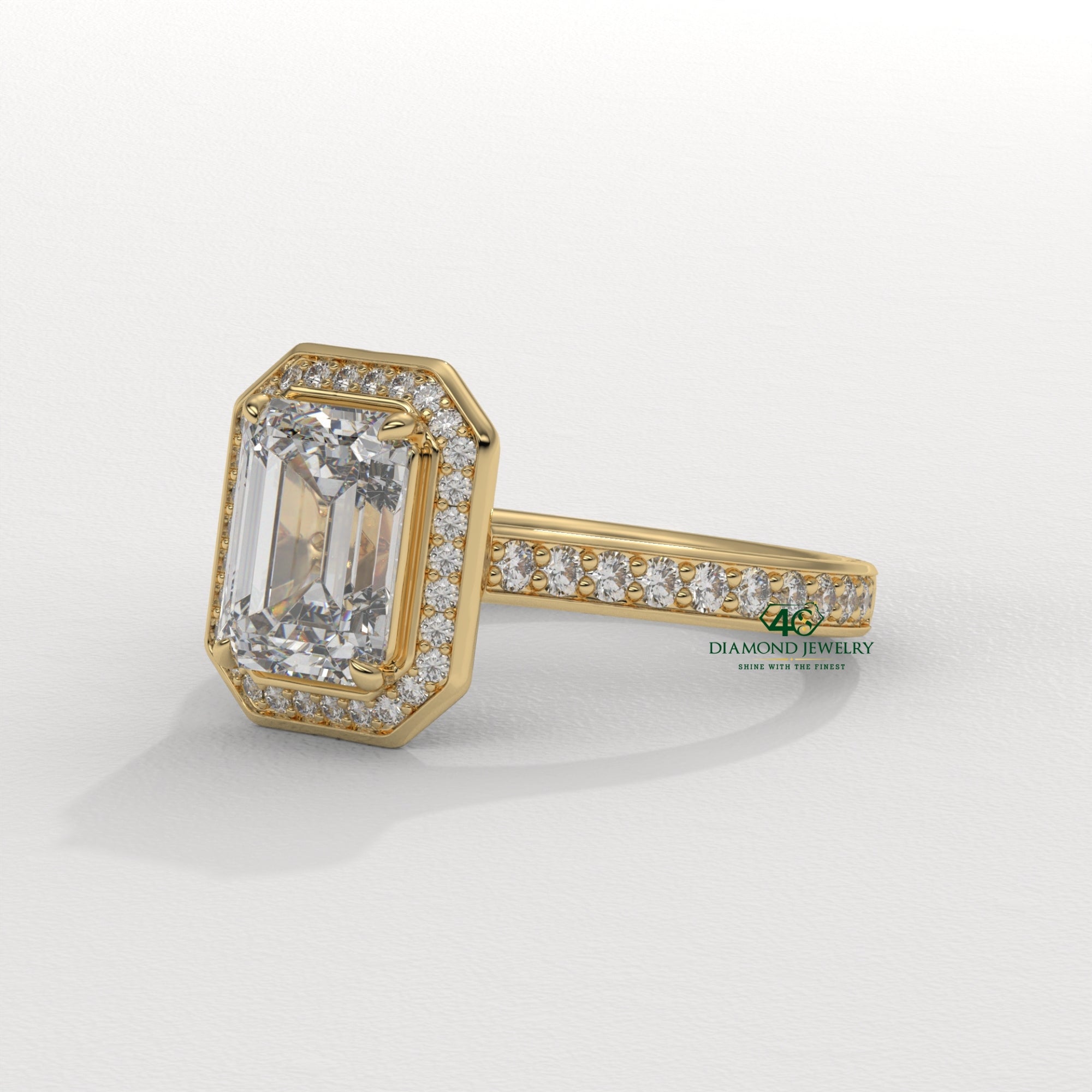 rose gold emerald engagement ring, vintage emerald cut ring, emerald cut halo diamond ring